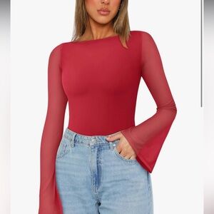 ReoRia Red Asymmetrical Bodysuit Top